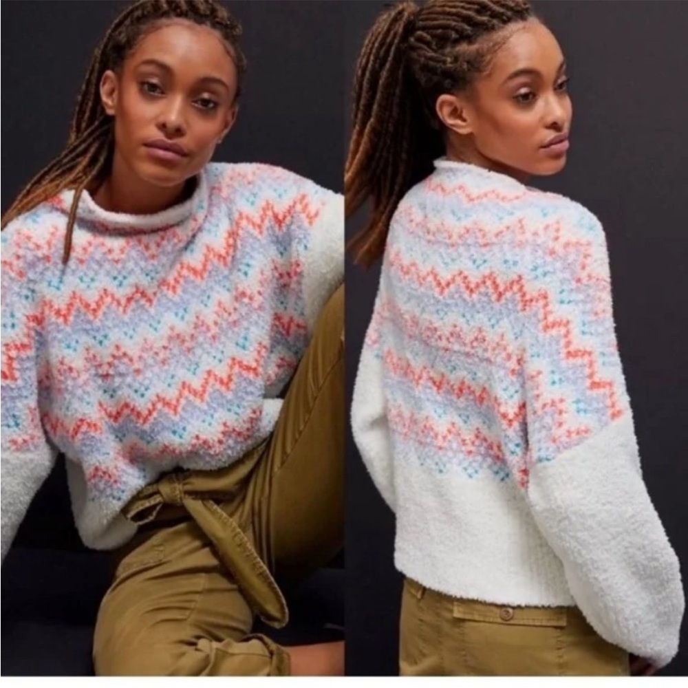 ANTHROPOLOGIE Pilcro Selene Sweater Fair Isle White Wool Blend Nordic - Medium